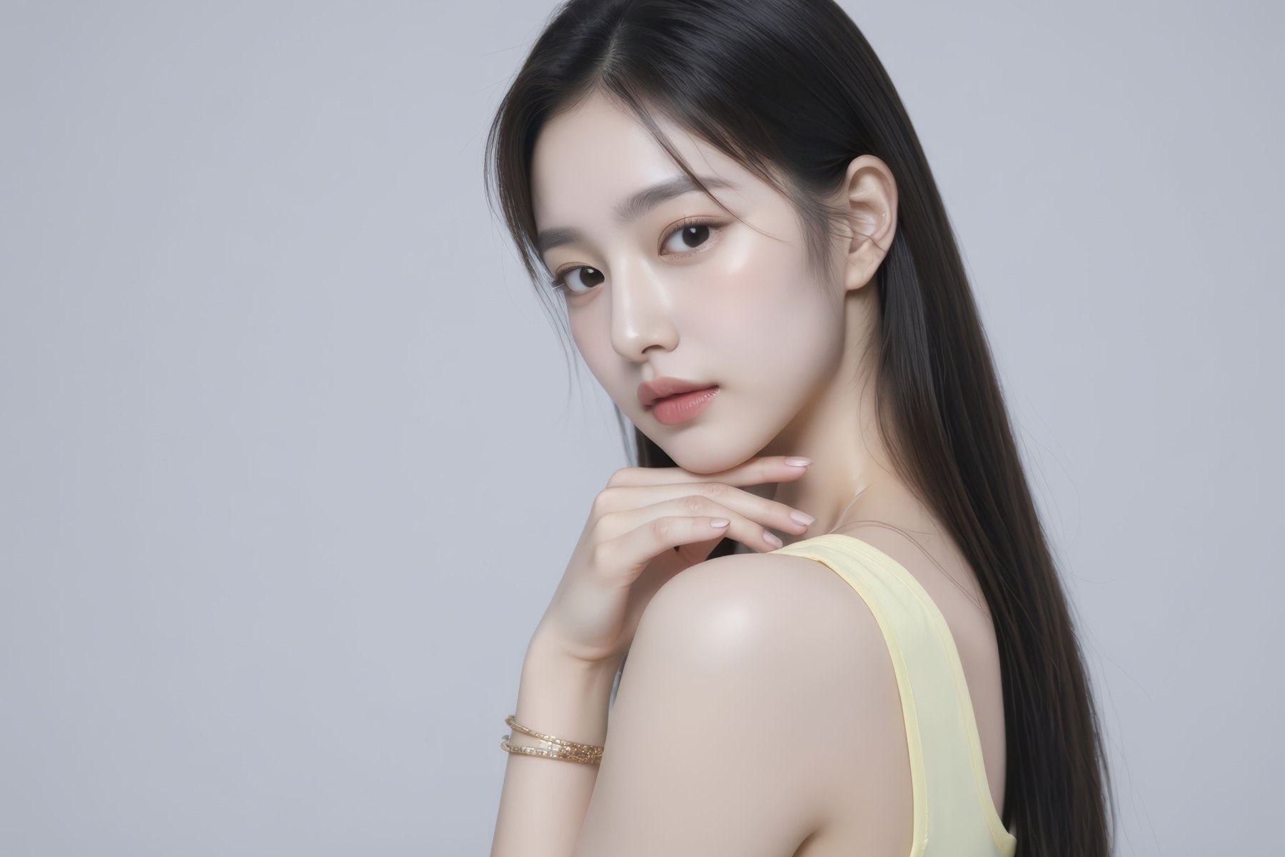 턱에 손을 대고 옆을 바라보는 여성