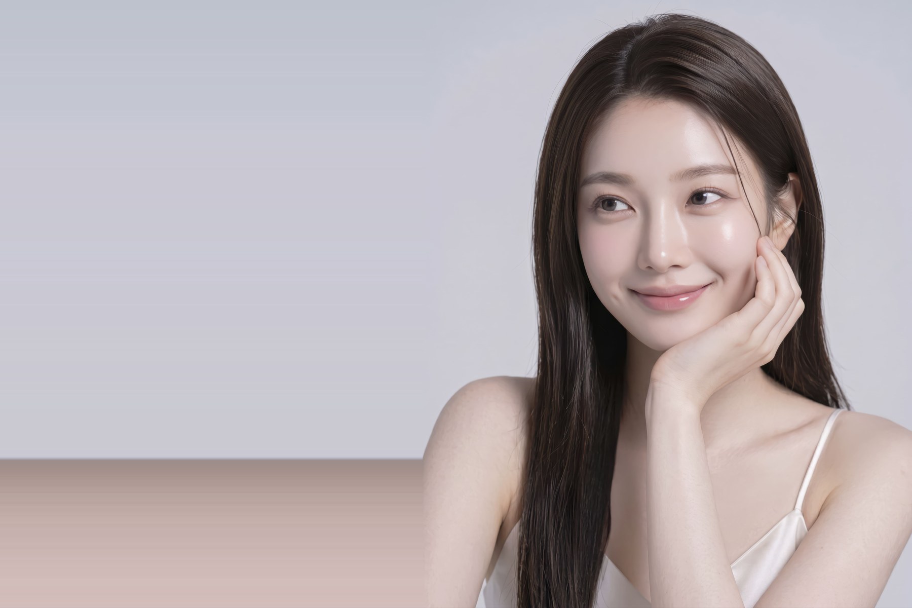 편안한 표정으로 턱을 괸 여성